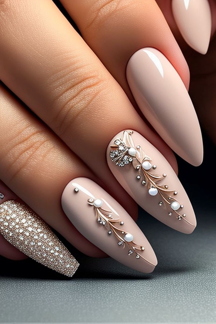 Sophisticated Nail Design with Soft Nude Base and Intricate Floral Embellishments.