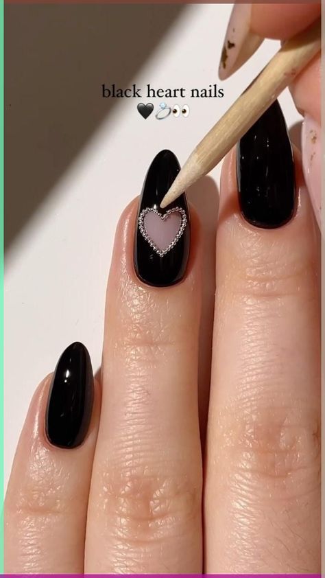 Chic Black Heart Nails with Rhinestone Elegance