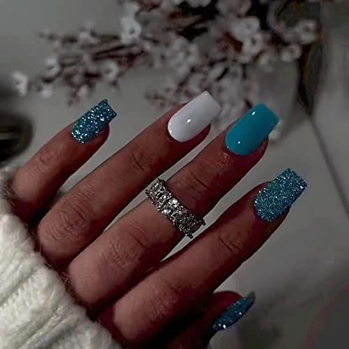 Elegant Turquoise and Glitter Nail Design with Sophisticated White Accent.