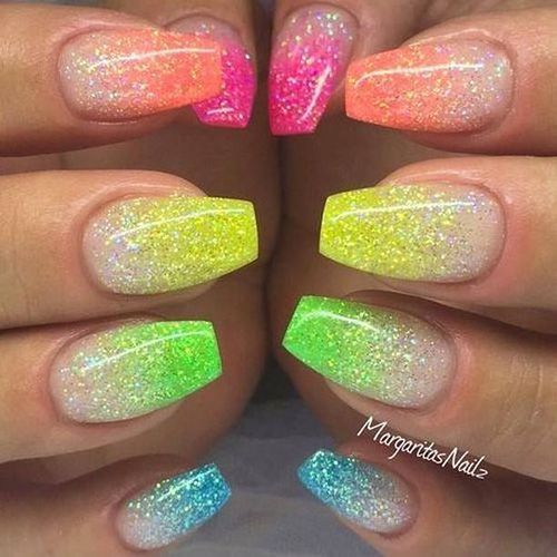 Dazzling Neon Gradient Nail Design with Sparkling Glitter for a Playful Summer Vibe.