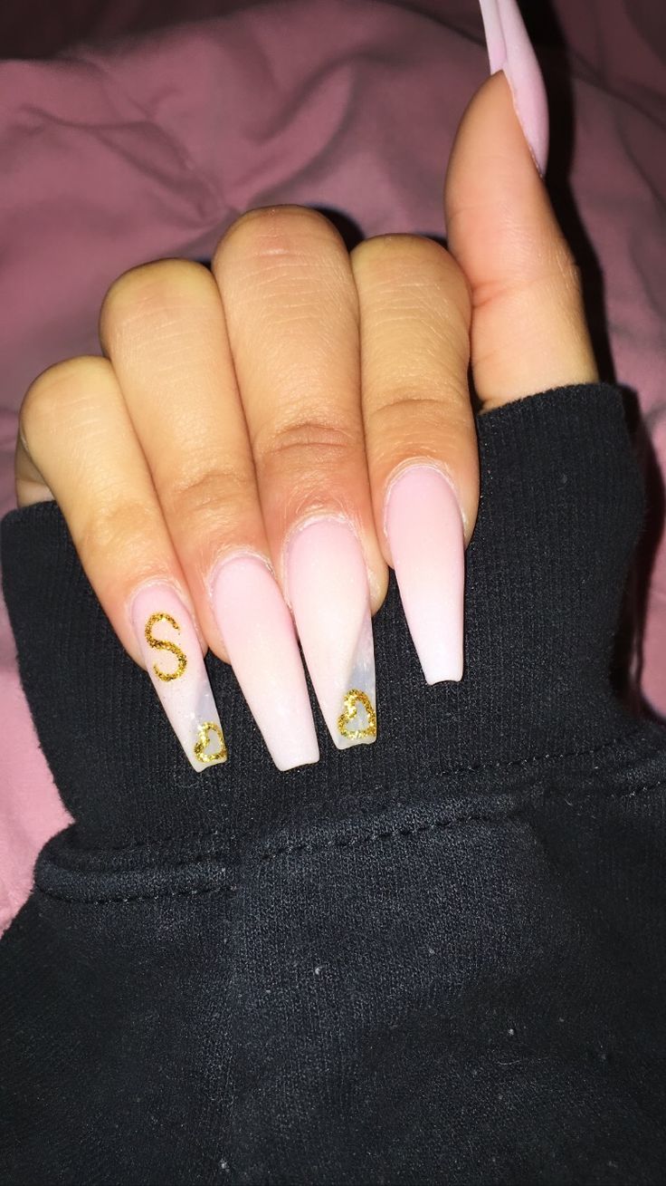 Chic Soft Pink Gradient Nail Design with Translucent Tips and Gold Accents.