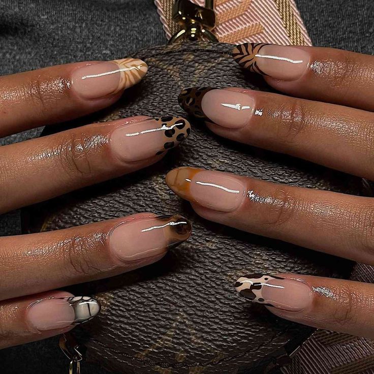 Chic Neutral and Animal Print Nail Design with Glossy Finish