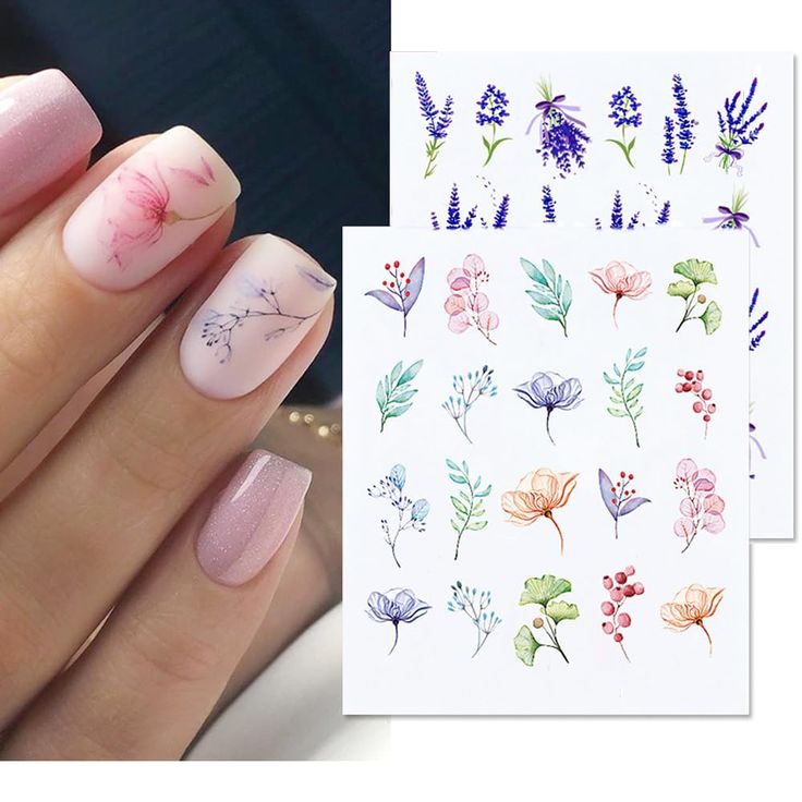 Delicate Floral Nail Design with Pastel Shades and Artistic Stickers for a Romantic Spring Look.