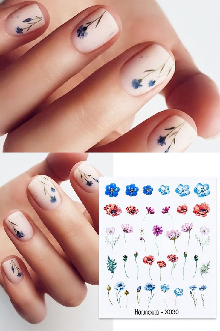 Elegant Floral Nail Design: Soft Nude Base with Hand-Painted Blue Flowers and Green Stems