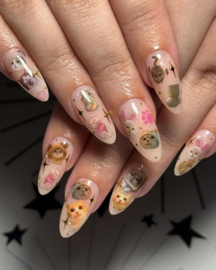 Adorable Whimsical Animal-Themed Nail Art with Colorful Accents and Glitter.