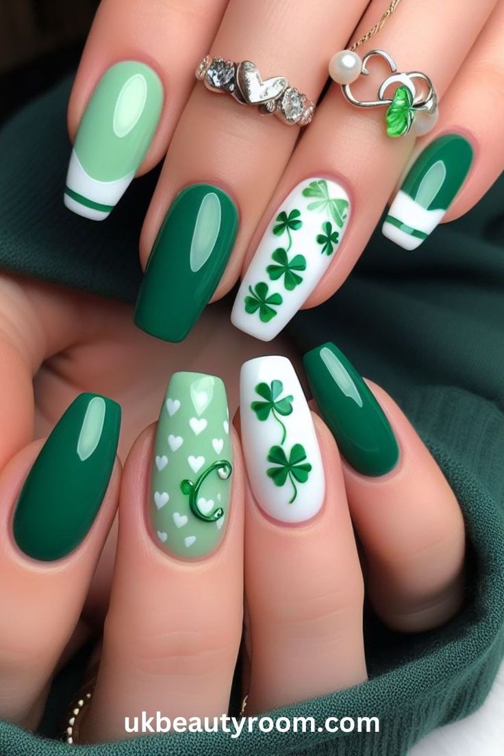 Vibrant Shamrock-Themed Nail Design with Intricate Green Patterns and Textures