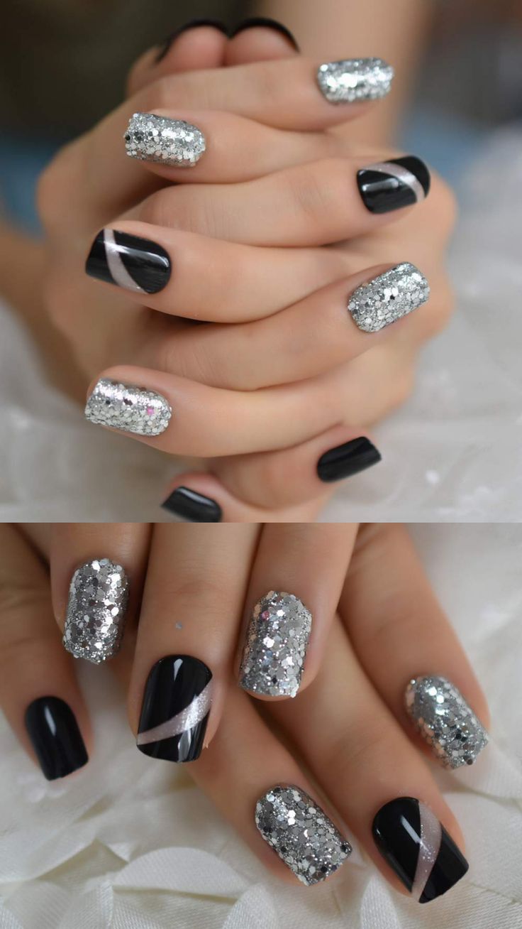 Chic Black and Silver Glitter Nail Design with Elegant Pink Accents.