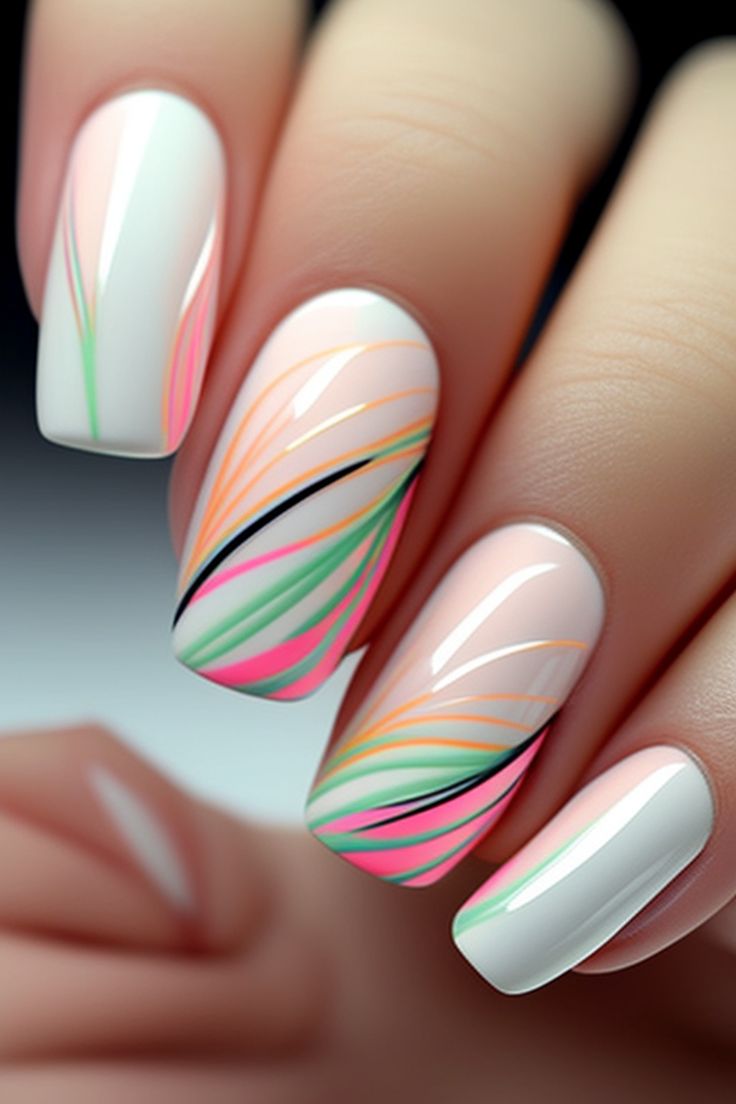 Vibrant Colorful Nail Design with Smooth Lines and Modern Contrast on White Background.