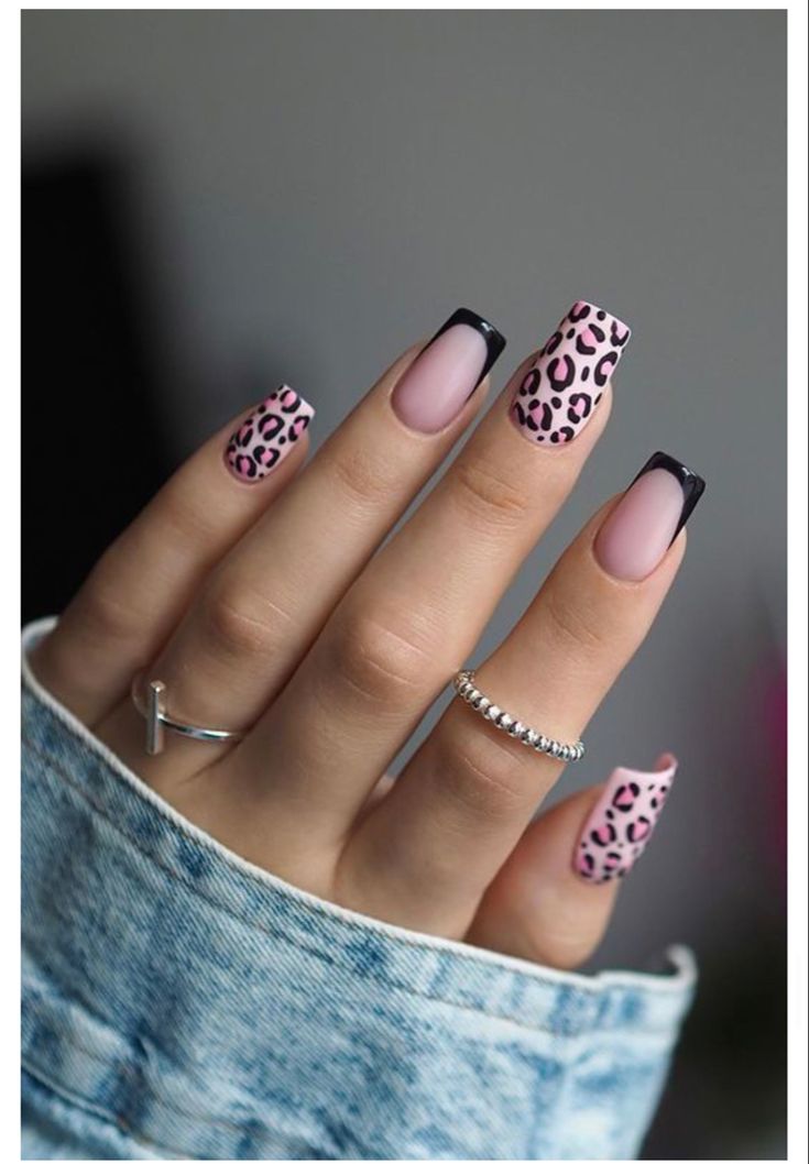 Chic Pink and Black Leopard Print Nail Design for a Bold Statement.