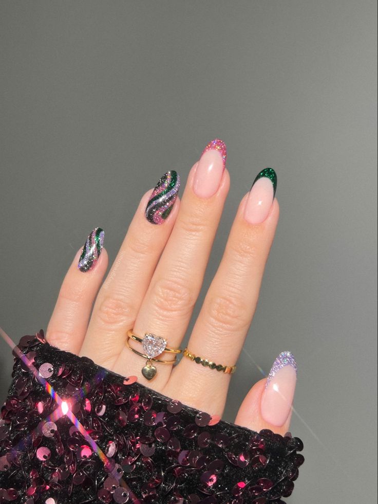 Trendy Vibrant Nail Design with Glittery Pink, Green, and Black Swirls, Perfect for Making a Bold Statement.