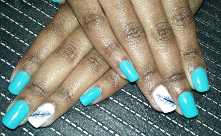 Elegant Turquoise Nail Design with Glossy Finish and Artistic Floral Accents