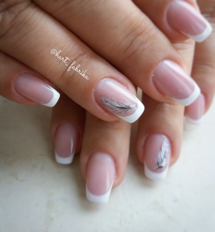 Sophisticated Elegant French Manicure with Delicate Silver Leaf Accents