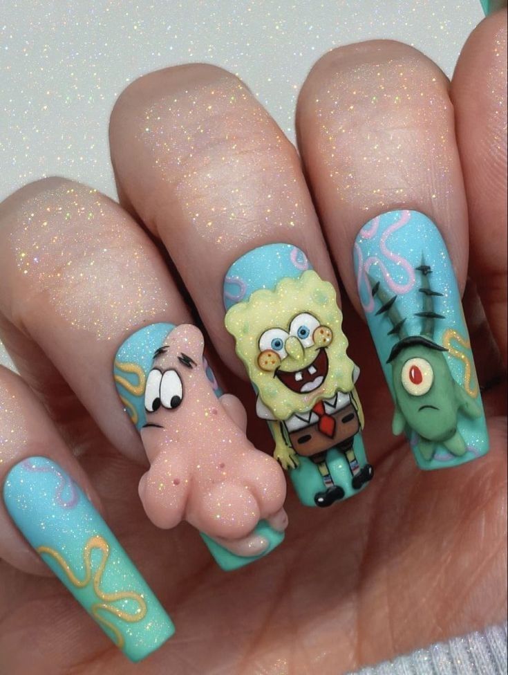 Vibrant Cartoon Character Nail Art with Intricate Details and Holographic Glitter