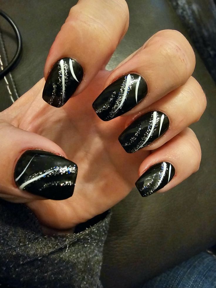 Chic Black Nail Design with Metallic Accents and Glitter Highlights