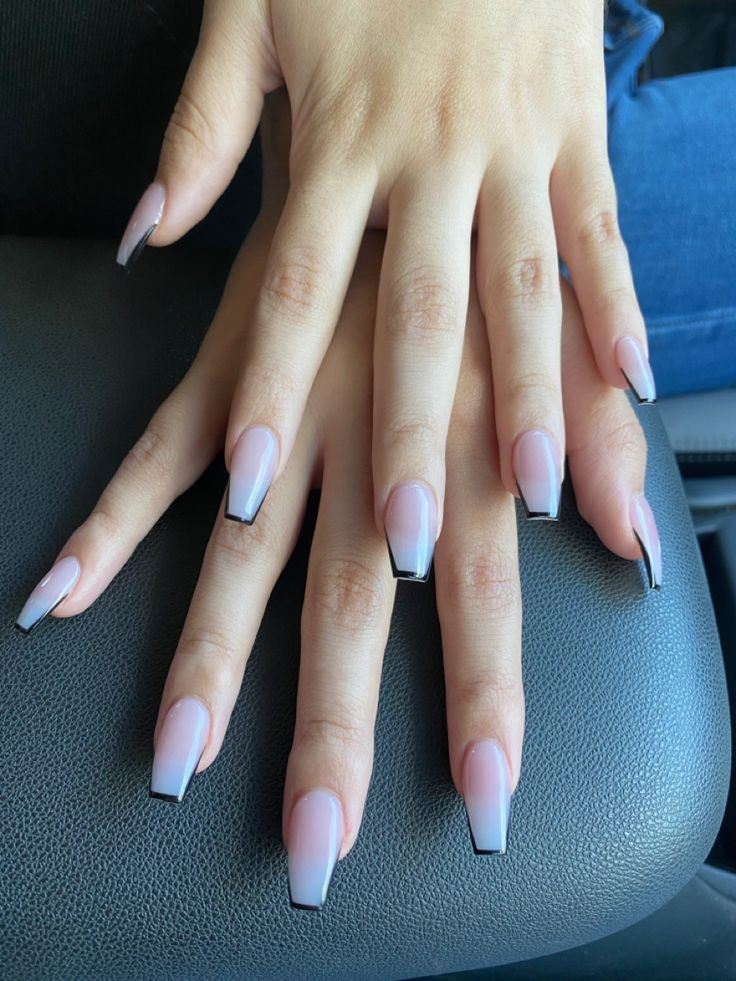 Sophisticated Ombre Long Nails with Sleek Black Tips.