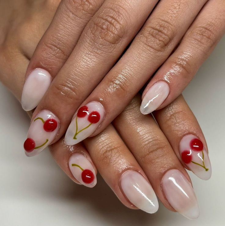 Elegant Cherry-Themed Almond Nail Design for a Playful Summer Look.