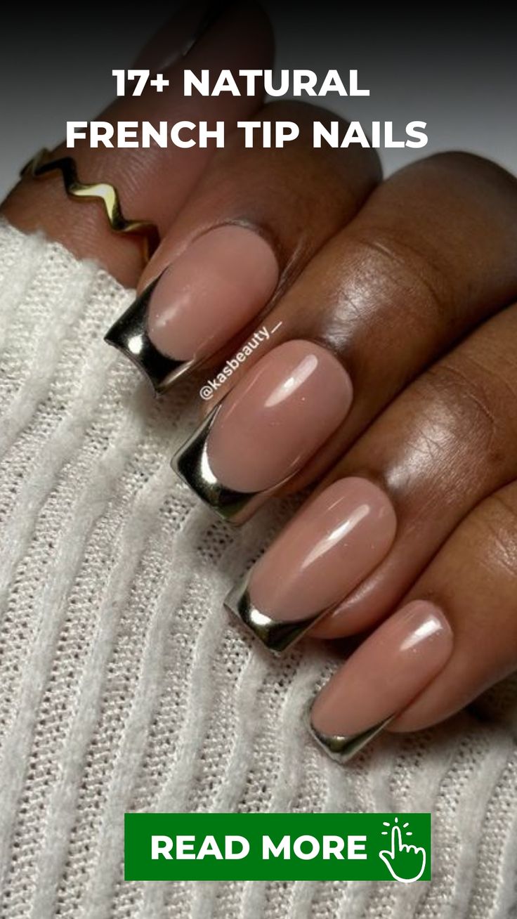 Elegant Natural French Tip Nails with Metallic Tips for a Chic, Contemporary Look