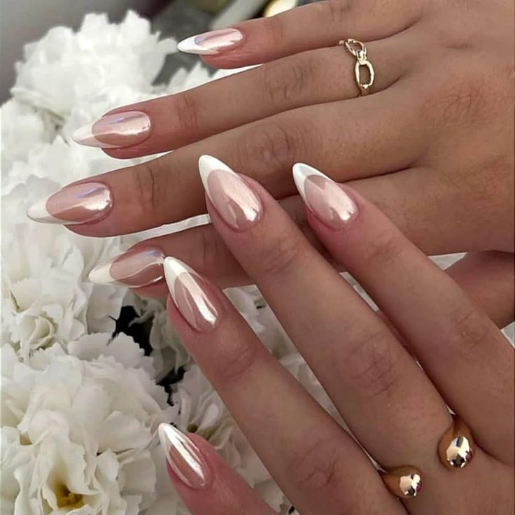 Sophisticated Almond-Shaped Nails with Chic French Tips and Pearlescent Finish.