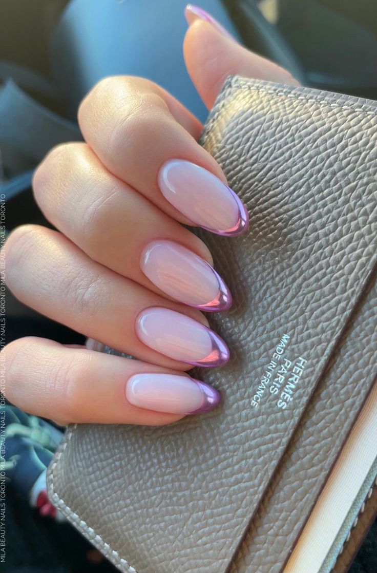 Chic Almond-Shaped Nails with Soft Pink and Bold Purple Gradient Design