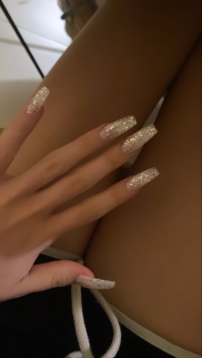 Chic Long Square Nails with Glittery Gradient for Elegant Glamour