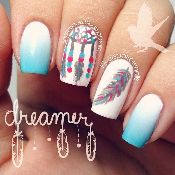 Whimsical Dreamcatcher Nail Design with Serene Turquoise Ombre and Intricate Patterns.