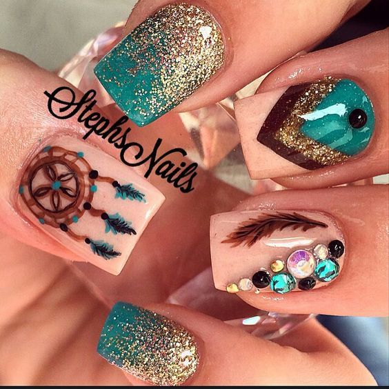 Bohemian-Inspired Nail Art: Turquoise and Gold with Glitter, Dreamcatchers, and Natural Embellishments.