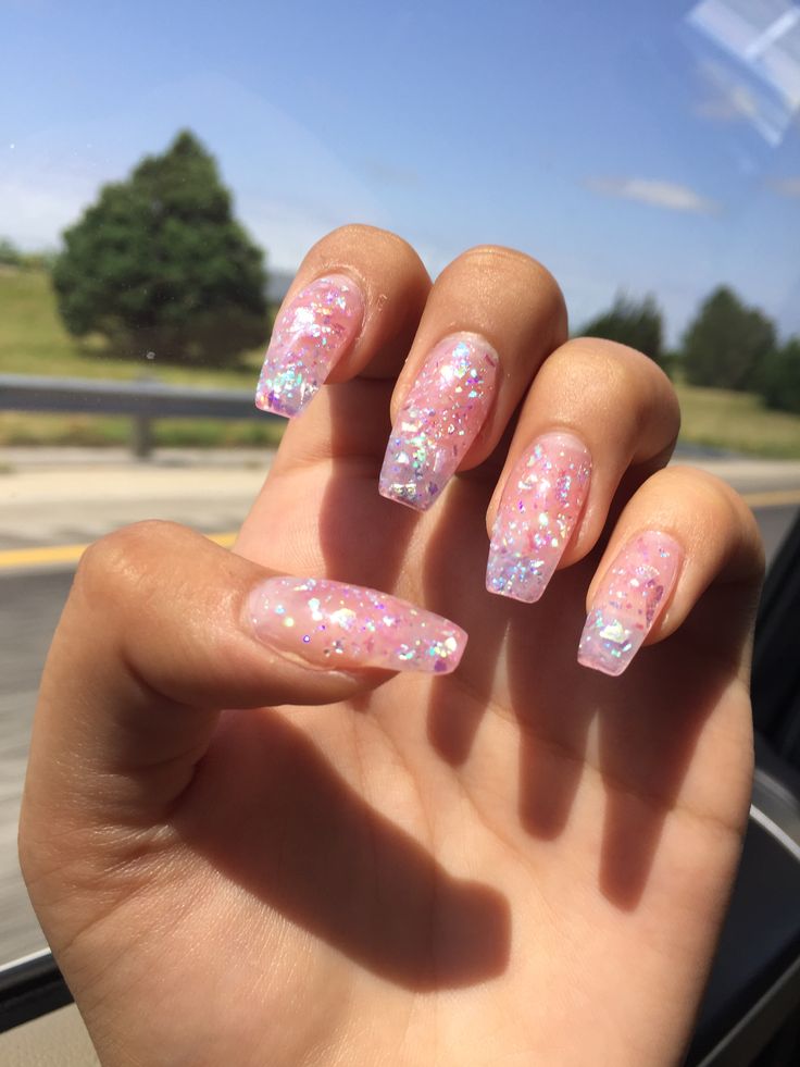 Whimsical Pink and Iridescent Glitter Long Nails for a Playful Glamour.