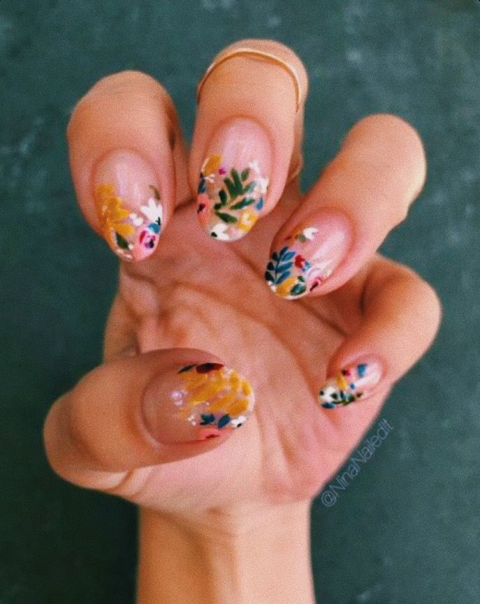 Vibrant Floral Nail Design: Hand-Painted Elegance for Spring and Summer.