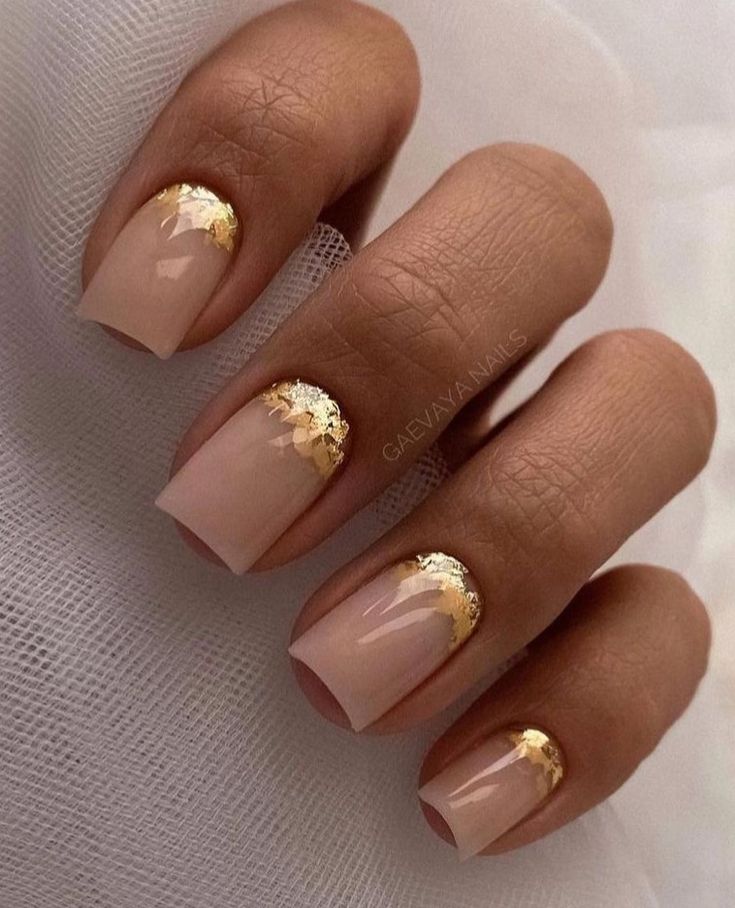 Chic Nude Nails with Striking Gold Foil Accent for Effortless Elegance.