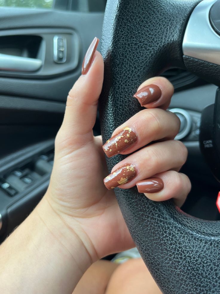 Elegant Brown and Gold Nail Design: A Sophisticated Modern Statement.