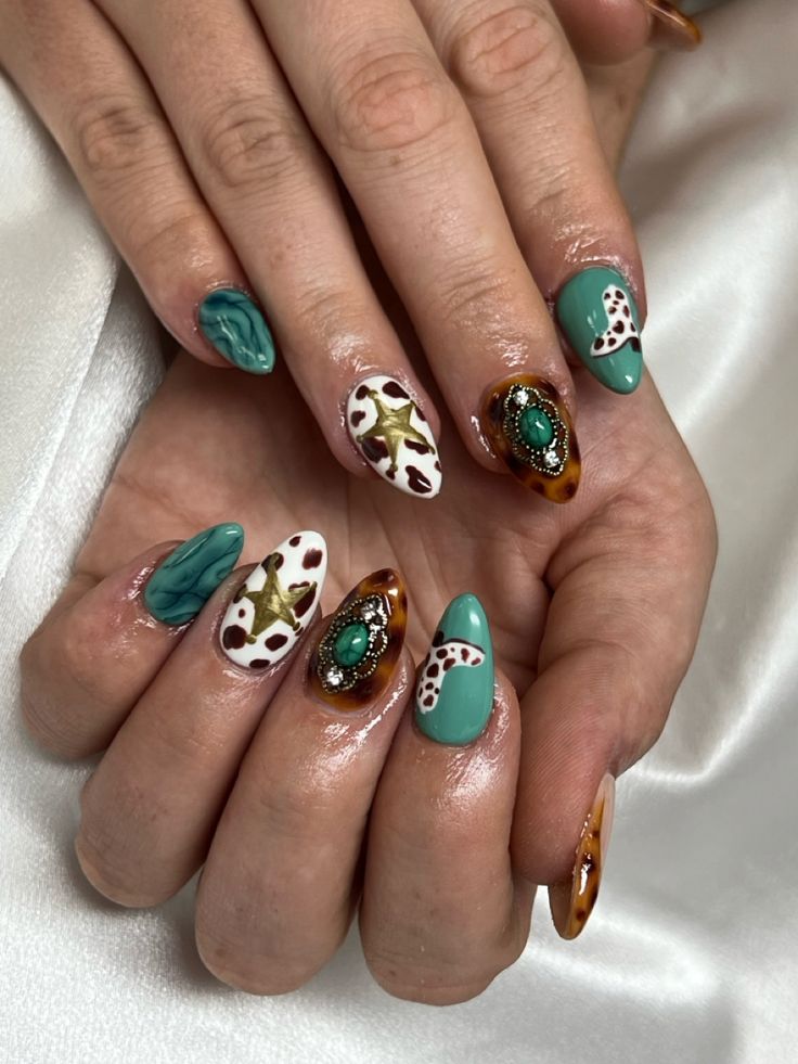 Vibrant Textured Nail Design with Colorful Patterns and Decorative Accents.