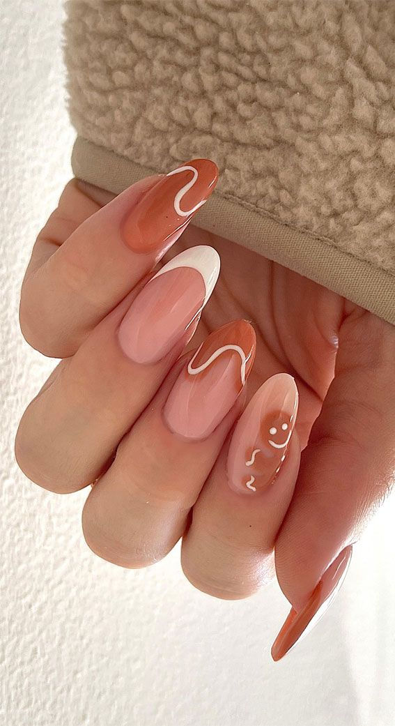 Chic Nail Design: Warm Earth Tones, Soft Pastels, and Playful Wavy Patterns with Glossy Finish.