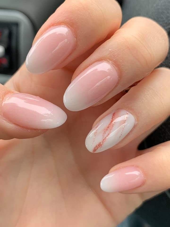 Chic Ombre Nude Nails with Glossy Finish and Geometric Rose Gold Accent