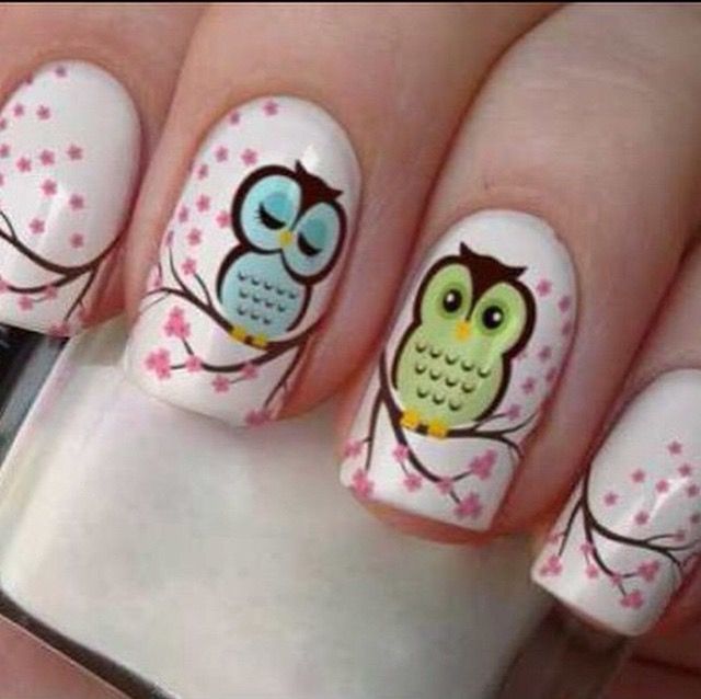 Whimsical Owl-Themed Nail Art: Adorable Design with Delicate Branches and Pink Blossoms