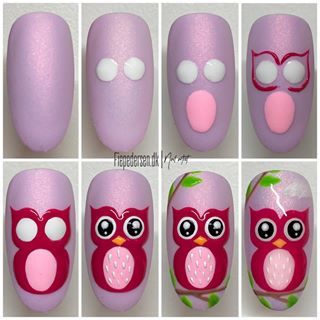 Whimsical Owl-Themed Nail Art with Pastel Purple Base and Playful Accents.