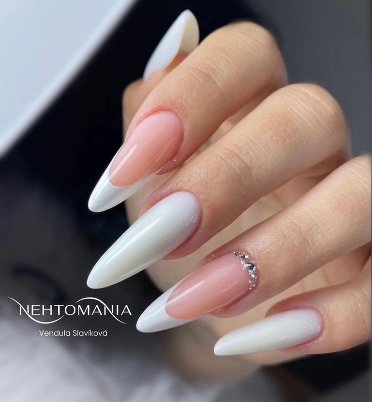 Chic Two-Tone Almond-Shaped Nails with Matte, Glossy Finishes and Rhinestones.