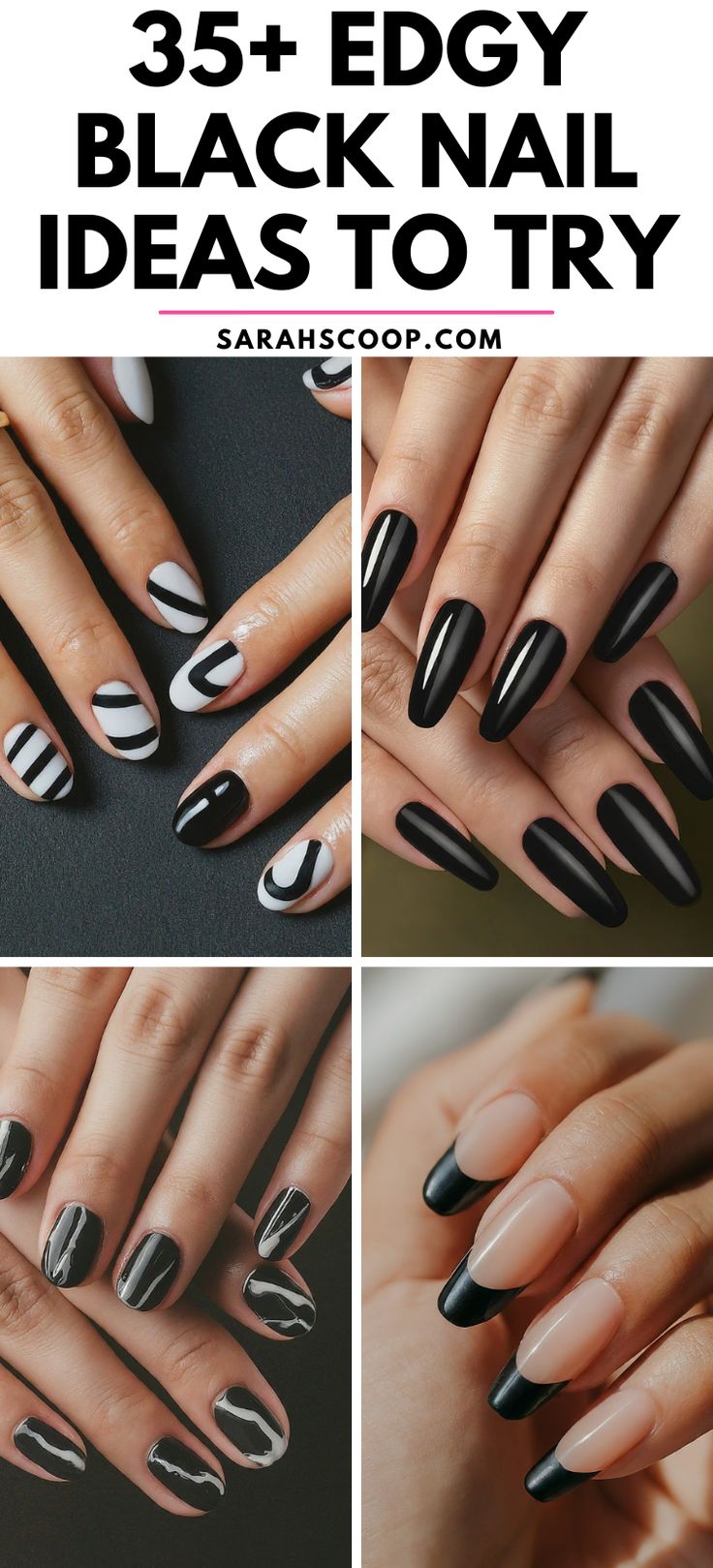 Edgy Black Nail Designs with Bold Colors and Intricate Patterns for Versatile Style.