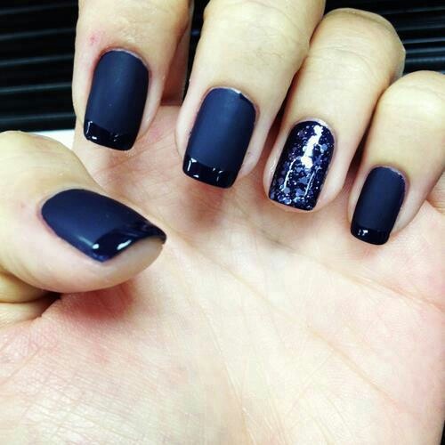 Chic Navy Matte Nails with Glossy Black Tips and Shiny Purple Glitter Accent.