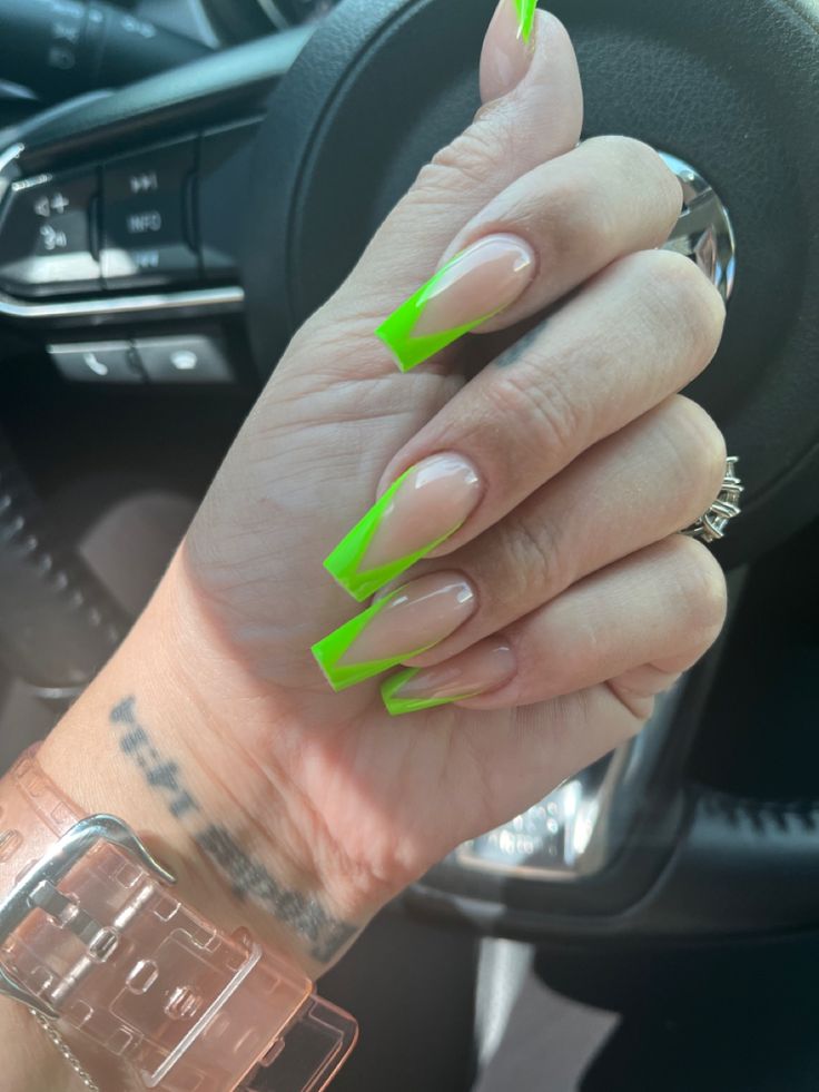 Chic Neon Green and Nude Long Square Nail Design for a Bold Statement.