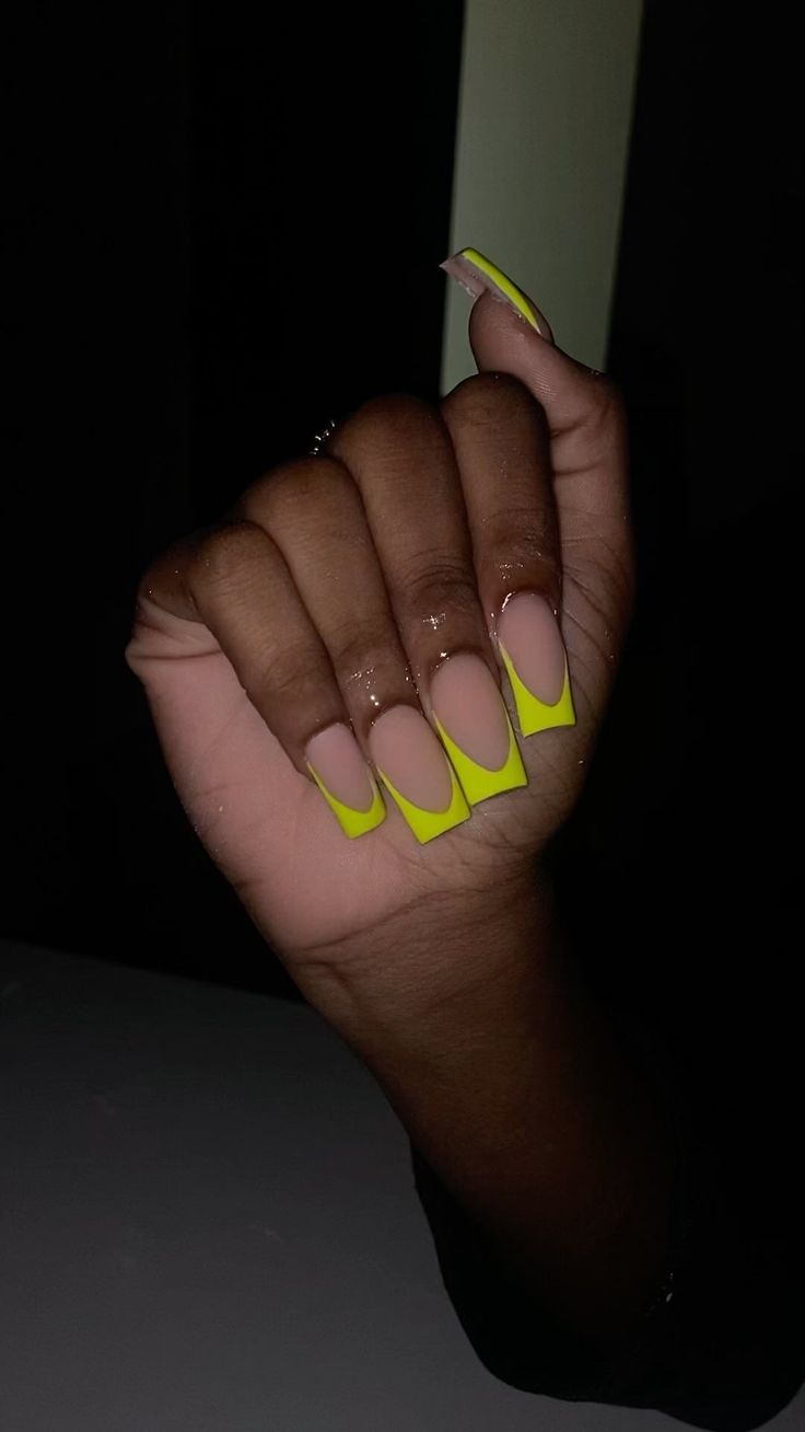 Bold Neon Yellow-Tipped Nude Nail Design for Elegant Statement Aesthetic.