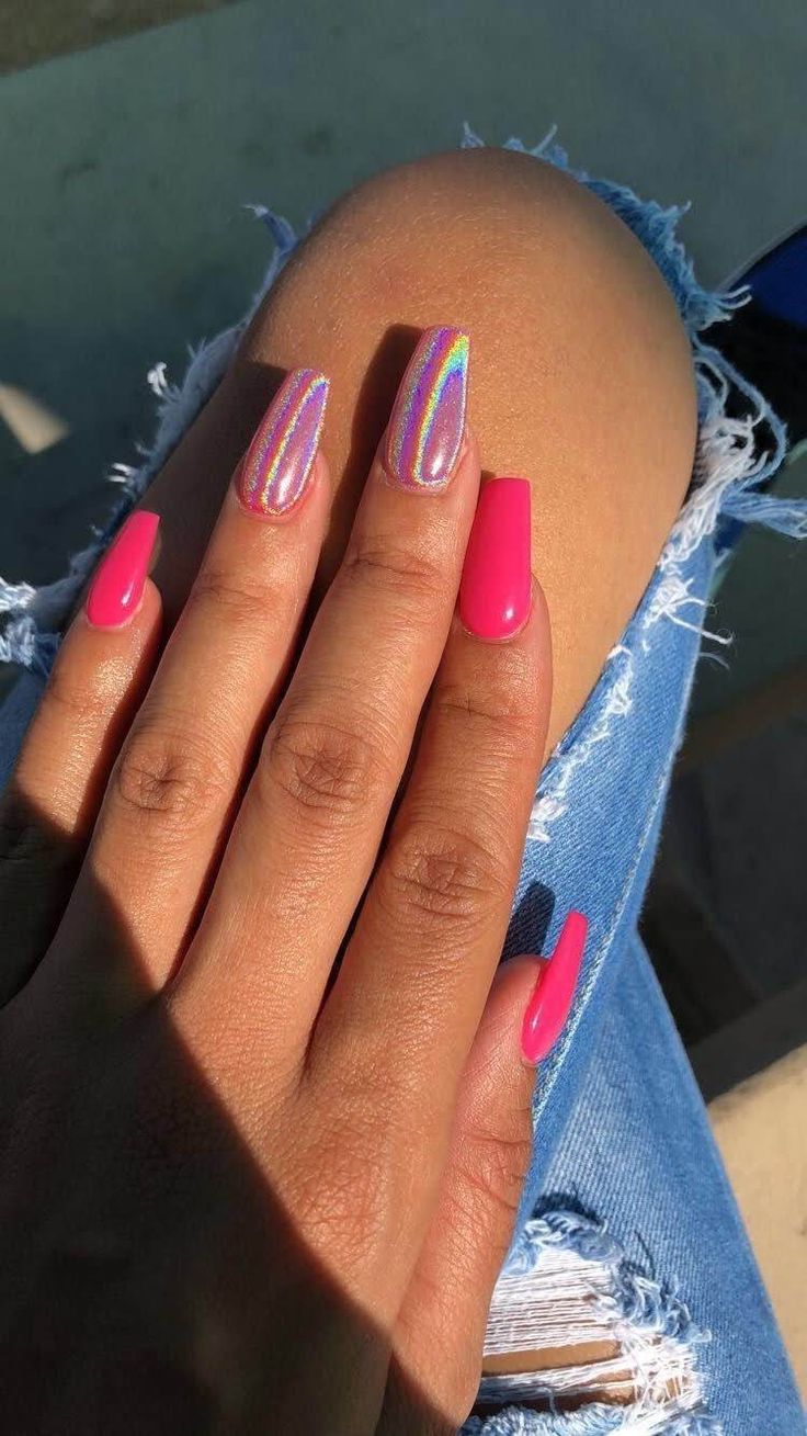 Chic Summer-Ready Vibrant Pink Nail Design with Holographic Accent and Glossy Finish