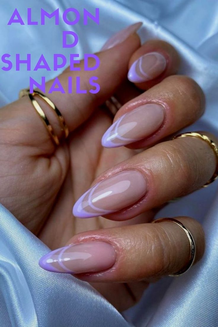 Chic Lavender Almond Nails with Glossy Finish and Glamorous Rings.