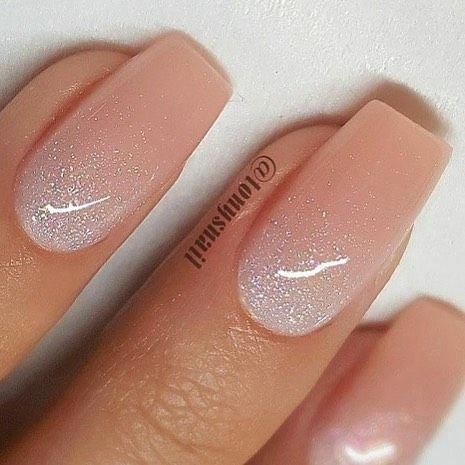 Elegant Sparkle: Glamorous Nude Nails with Soft Pink Hue and Square Tips