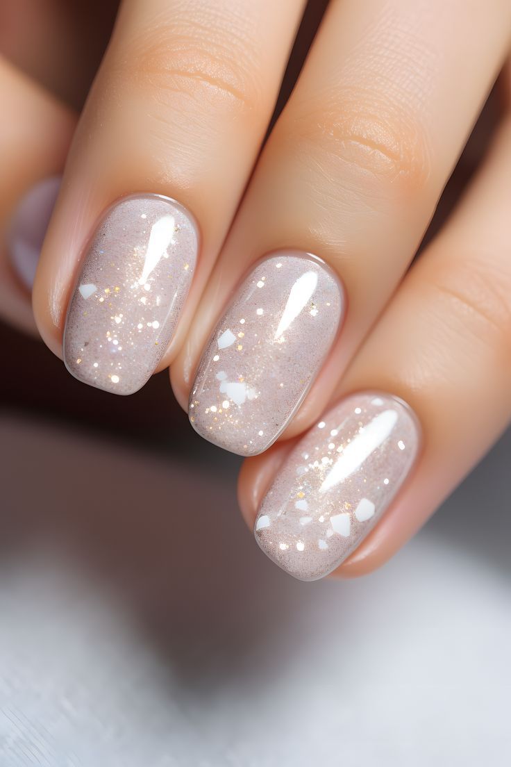 Refined Nude Nail Design with Glitter and Heart Accents for Versatile Elegance