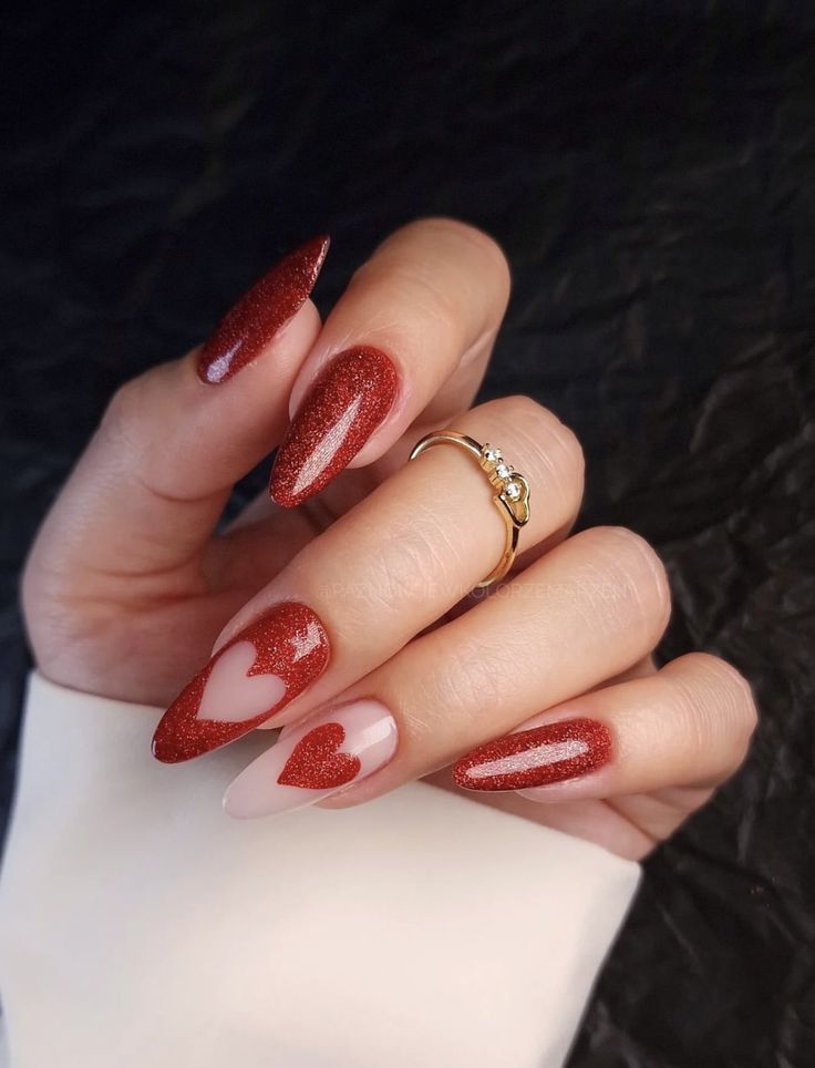 Elegant Heart-Shaped Stiletto Nails with Deep Red Glitter and Soft Nude Tones