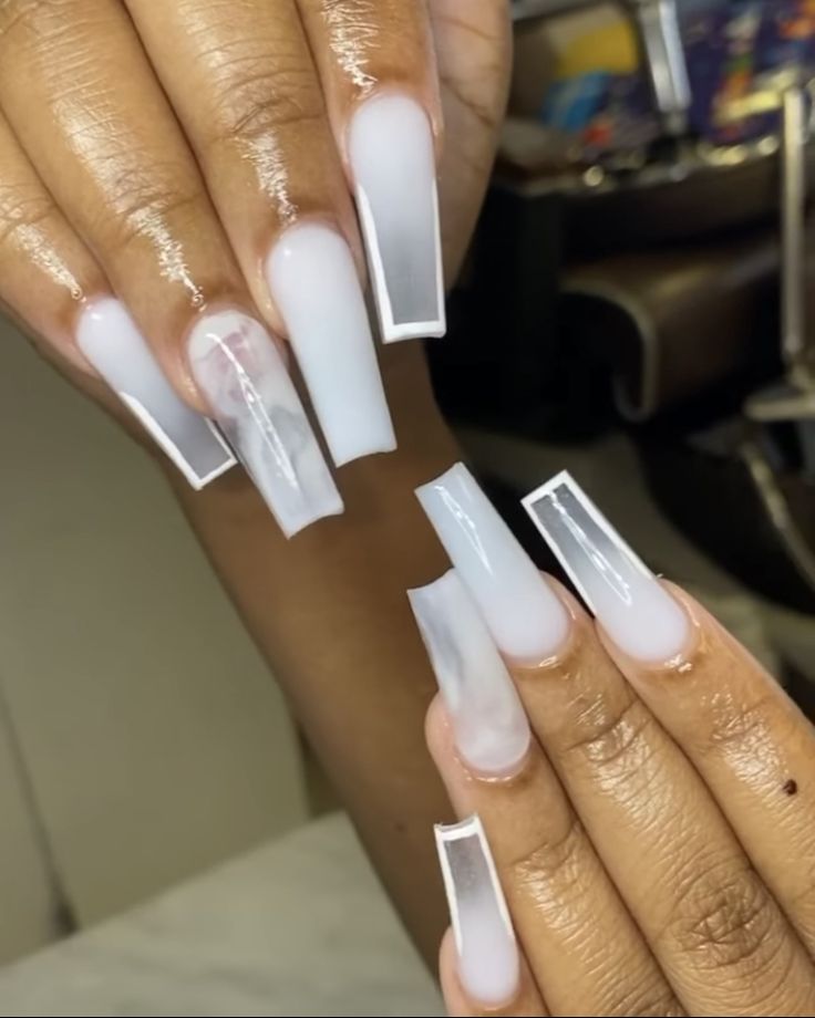 Chic Long Clear Acrylic Nails with Subtle Ombre and Bold White Tips.