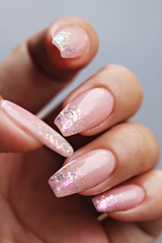 Chic Soft Pink Nails with Iridescent Glitter Gradient Accents