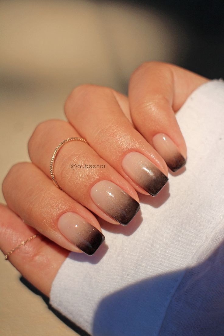 Chic Elegant Nude Nails with Dramatic Brown Ombre Transition