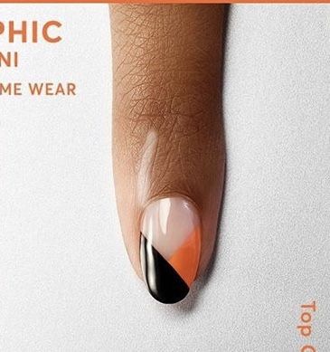 Chic Geometric Nail Design: A Sophisticated Blend of Soft Peach, Elegant Nude, and Bold Black.