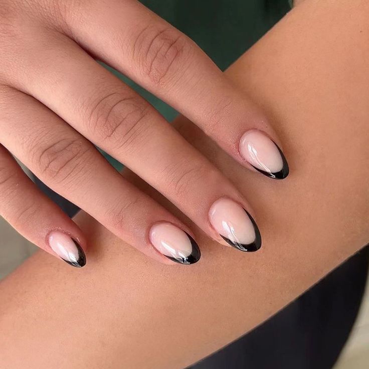 Chic Almond-Shaped Nails with Trendy French Tips: Sophisticated Nude and Black Contrast